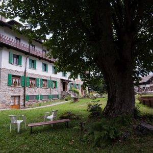 facciata di una casa con giardino e albero